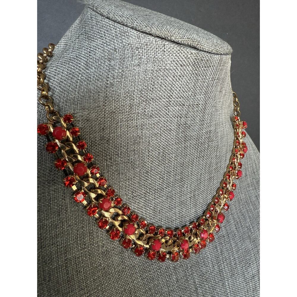 Vintage Rhinestone Choker Collar Necklace Red Gold Cuban Link Statement Cocktail